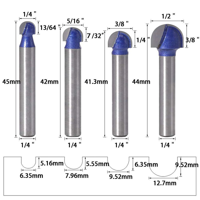 Wolfride 4pcs Core Box Router Bit 1/4 Inch Shank Round Nose Cove Box Router Bits - Image 2
